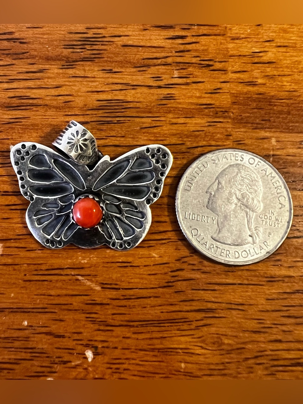 925 Sterling Silver Red Coral Butterfly Pendant Southwestern - Picture 11 of 12